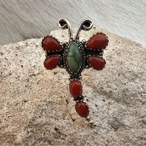 ❤️ Emerald Valley & Italian Red Coral Sterling Navajo Style Dragonfly Adj Ring